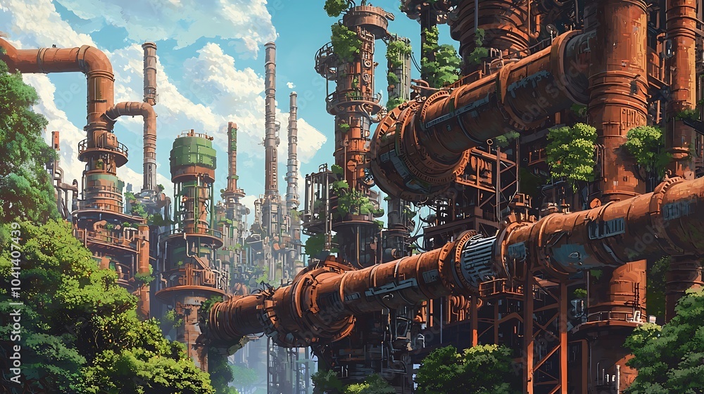 Aufkleber a futuristic skyline merging nature and industry exploring the harmony of machine trees and gear-inf