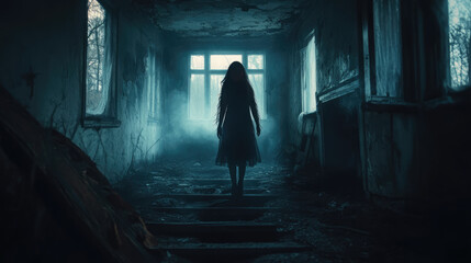 Fototapeta premium A woman is walking down a dark hallway with a creepy look on her face