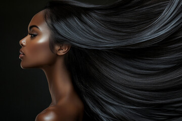 Naklejka premium A middle-aged African American female model, her straight hair cascading down her back in smooth, shiny strands. The natural flow of her hair in motion adds elegance and power to her silhouette.