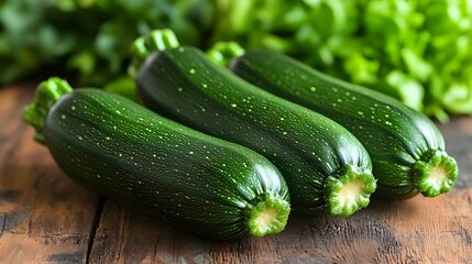 Fresh organic green zucchinis or courgettes arranged on a rustic wooden surface with copy space. Healthy vegetable ingredients for cooking,cuisine,and vegan or vegetarian meals.