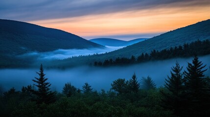 Obraz premium A breathtaking sunrise over a valley, shrouded in mist, with a beautiful display of colors in the sky.