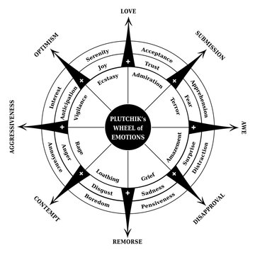 Roue des Emotions de Plutchik - Diagramme en Anglais - Outil Psychologie et Coaching - Noir et Blanc