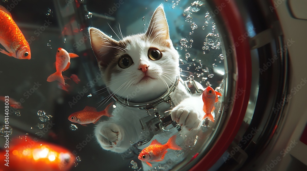 Poster an astronaut cat drifting in zero gravity while playfully chasing floating goldfish bubbles in space
