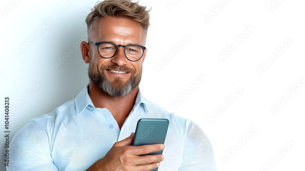 Poster portrait of a confident and happy professional man in formal attire holding a smartphone and looking