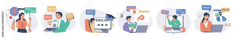 Aufkleber studying foreign language concept set with characters in flat design for web. people learning englis