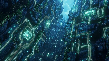 Naklejka premium Unveiling ancient ruins entwined with digital vines a journey through a glowing futuristic landscape of the past