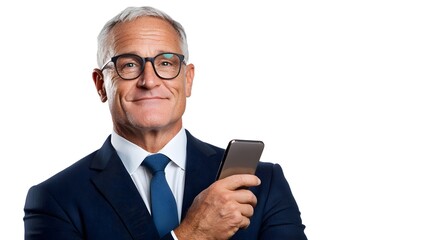Portrait of a Mature Businessman Wearing a Suit Holding a Smartphone and Looking Thoughtful or Pensive Isolated on a White Background
