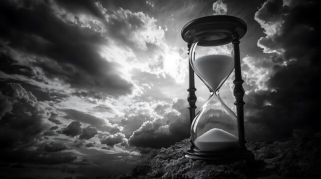 Exploring the enigmatic hourglass a symbol of time reversal captured in a striking black and white landscape