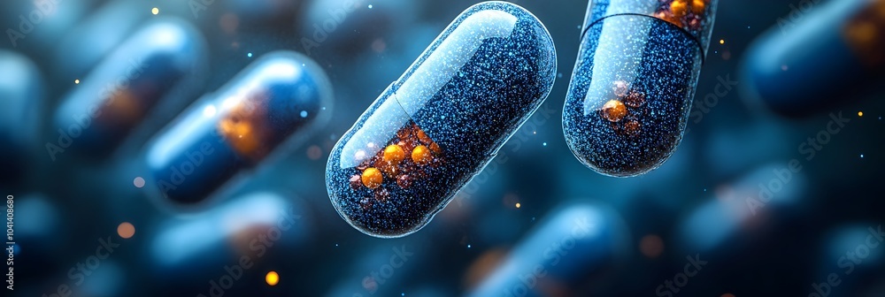 Poster Futuristic Capsule Medication Tablets Suspended in a Digital Space with Atomic Molecular Patterns and Microscopic Structures. This image represents the innovation and technology in the healthcare.