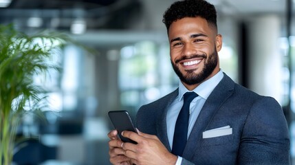 Fototapeta premium Successful Businessman Smiling Confidently While Using Smartphone in Professional Formal Wear