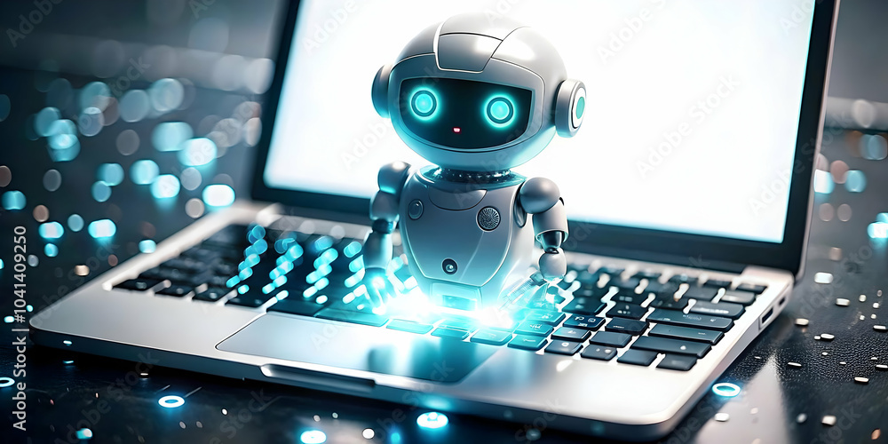 Poster ai chatbot emerging from laptop screen on plain background concept for online customer support with 