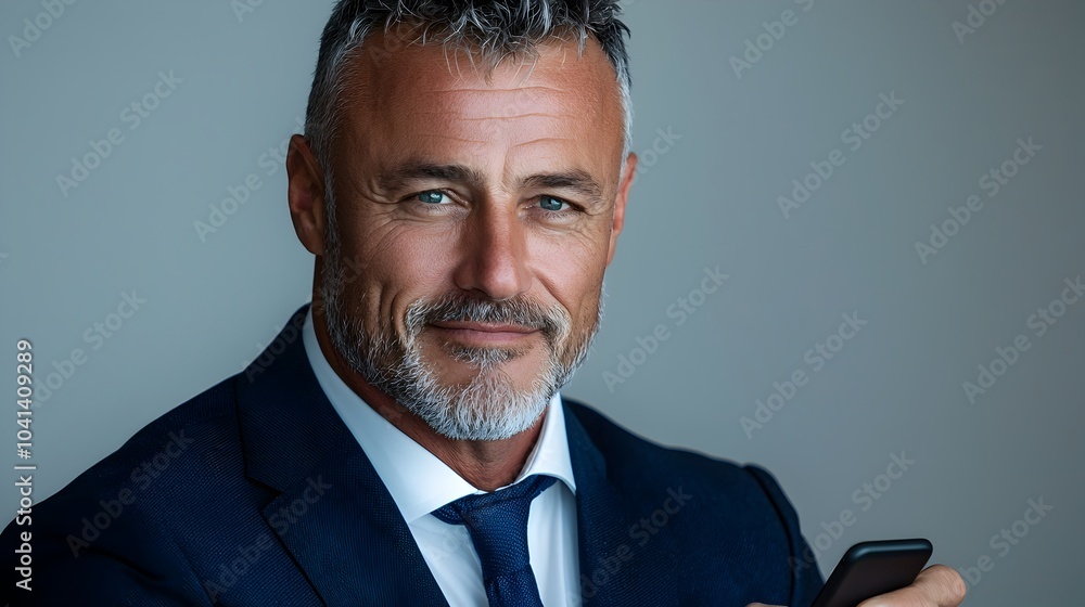 Poster portrait of a confident and successful middle aged business executive in a formal suit checking his 
