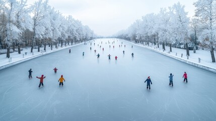 People ice skating on a frozen river surrounded by snowy trees.