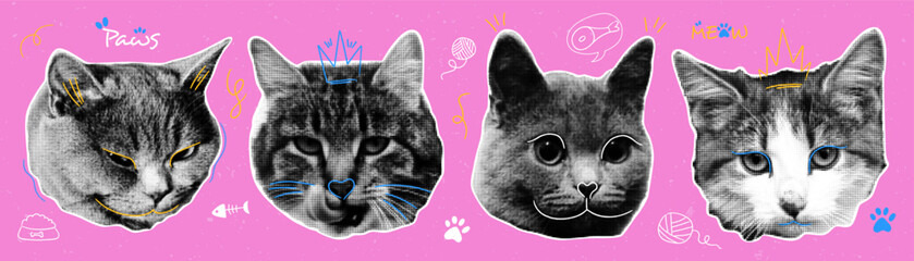 Collage element with funny cat heads and naive doodle elements. Set of retro elements in halftone style © MandarinkaArt
