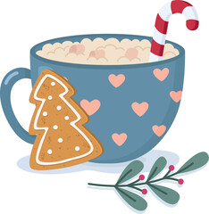 Illustration of a cup of cocoa or coffee and ginger cookies. Hand drawn Christmas composition