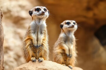 Curious meerkats standing watch in the desert landscape. 