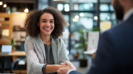 Fototapeta premium Young Businesswoman Handshake in Modern Office Setting