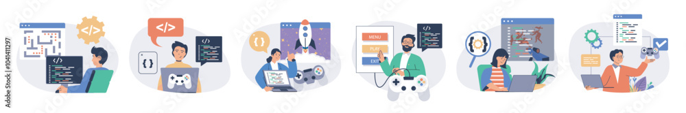 Poster Video game developer concept set with characters in flat design for web. People write code for different computer games, programming at screens, testing interface with joystick. Vector illustrations.