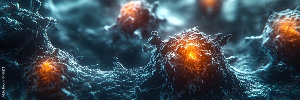 Poster glowing,abstract and chaotic digital imagery depicting microscopic cellular structures and organisms
