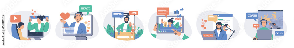 Leinwandbilder video streaming concept set with characters in flat design for web. people watching blogger live tra