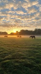 Serene Summer Sunrise Over Misty Meadow with Dew