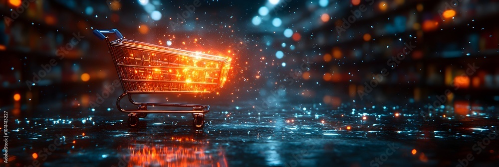 Poster Glowing neon-lit cityscape with a floating shopping cart reflected in a puddle on a rainy night,creating a surreal,futuristic and dynamic atmosphere.