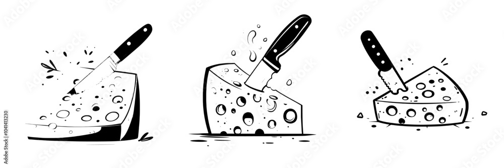 Aufkleber modern illustration of a knife cutting a piece of triangular cheese into cubes. white isolated backg