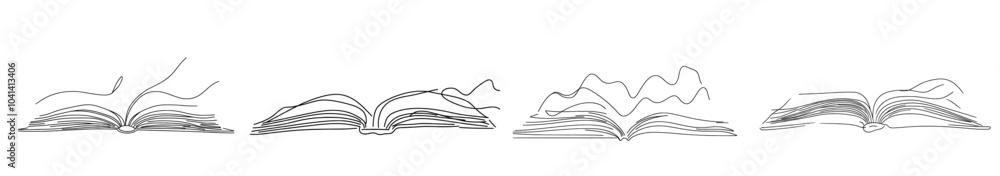 Fototapete a one-line drawing of an open book with fying pages of a modern object