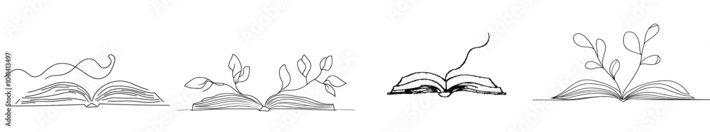 Poster Page of an opened book isolated on a white background. Continuous line drawing. Modern illustration.