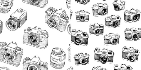 Seamless pattern with doodle-style old and digital cameras on white background. For wallpaper, wrapping paper, and backdrops.