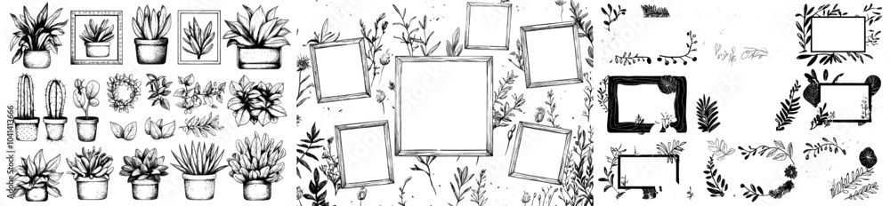 Aufkleber picture frames with hand-drawn sketches. black square cadre sketches painted by hand in modern style