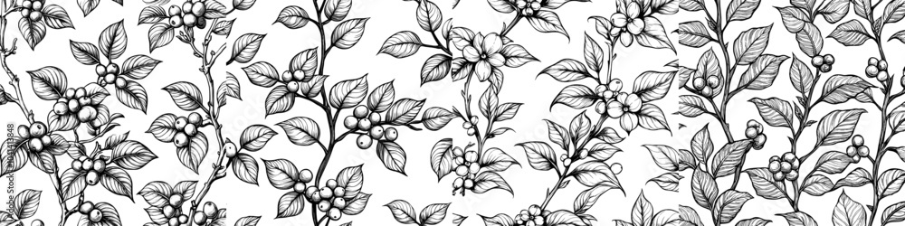 Sticker With flowing contour line drawings of coffea tree flowers, leaves, ripe fruit, and berries on a light background, this seamless pattern has an elegant appearance.