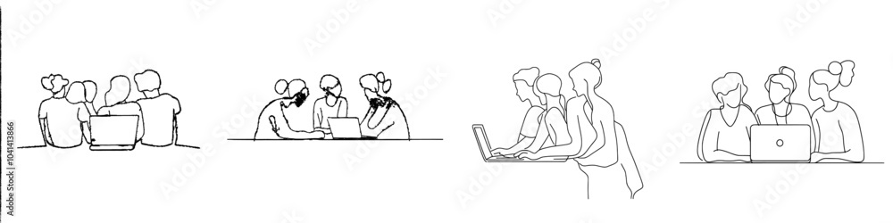 Fototapete The concept of team work is continuous one-line drawing with a minimalist design with a group of office workers discussing a project.