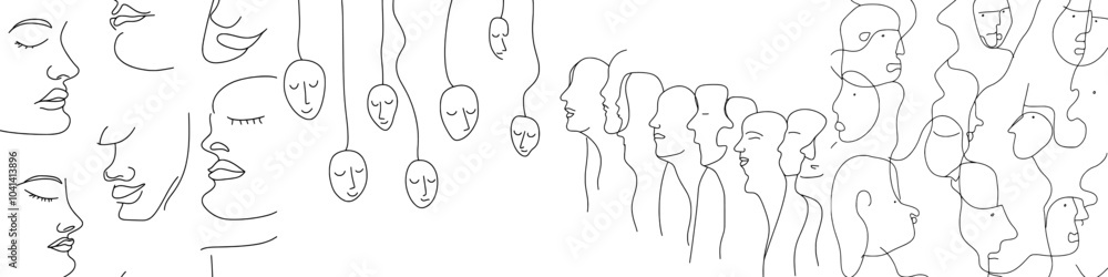 Poster a seamless pattern featuring a single line drawing, abstract face. the design is minimalist art, wit