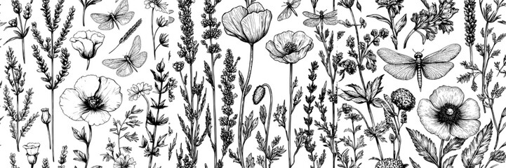 Authentic botanical illustration in vintage style with wild flowers and flowering herbs drawn with contour lines on white background.