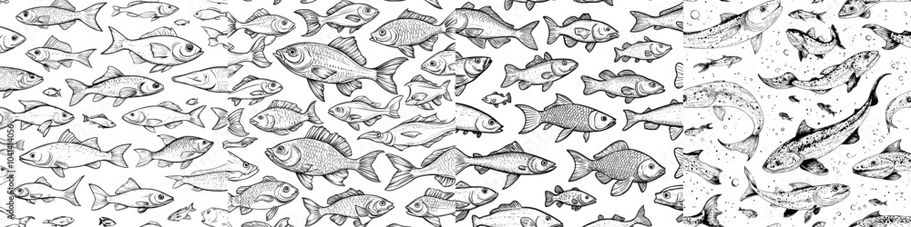 Poster in this seamless pattern, there are various types of fish hand drawn with contour lines on light bac