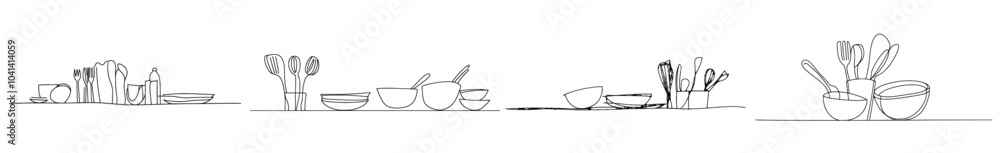 Poster An illustration of horizontal cooking pattern with utensils. A continuous line drawing. The design is modern.