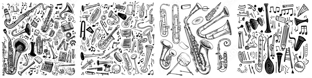 Aufkleber a set of music instruments drawn in ink on a white background.