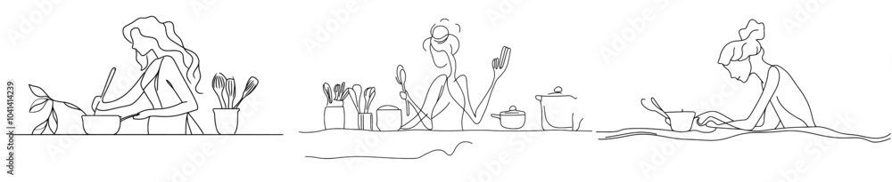 Poster Continually drawn seamless pattern of cooking. Background with empty spaces for text. Modern illustration.