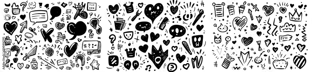 Aufkleber Ink line arrow and flower calligraphy sign sketch. Decorative hand drawn shapes. Outline crown, doodle pointer and heart frame. Doodles lines elements, ink line arrow and flower calligraphy sign