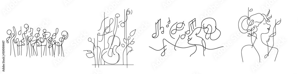 Poster One line drawing of music notes isolated from other objects. Symbols and signs are continuous simplicity lineart design.