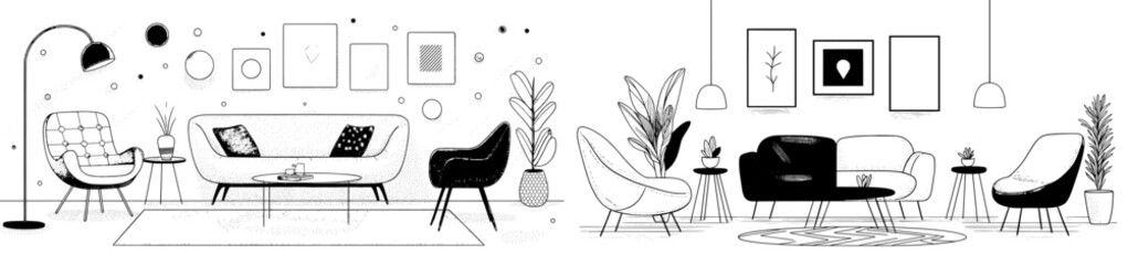 Isolated white modern illustration of a modern home interior design concept. Trendy retro style apartment furnishings. Vintage living room furniture, sofa, chair, floor lamp and houseplants.