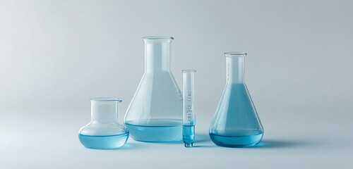 Three blue glass flasks with different shapes and sizes, one large beaker filled with light blue liquid.