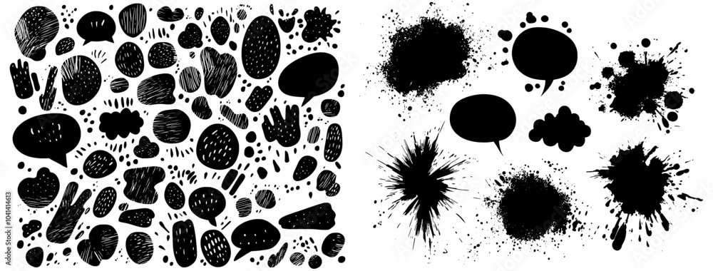 Poster several black paint speech bubbles isolated on a white background. hand drawn empty thought and text