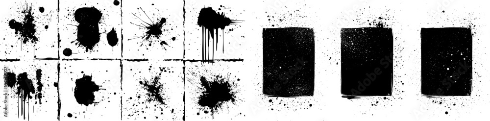 Poster Background with splattered ink drips and dots on black. Abstract background with splashed ink drips and dots on black.