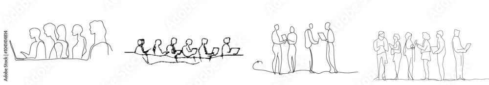 Fototapete thematic drawing of two coworkers discussing work. one guy talks about a problem with his laptop whi