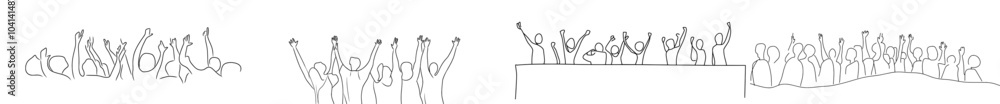 Poster people cheering and applauding in a cheery crowd. continuous line drawing of happy people. hand draw