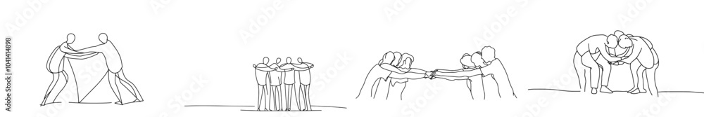 Fototapete in this single line drawing group of young business people join hands to form a circle. the continuo
