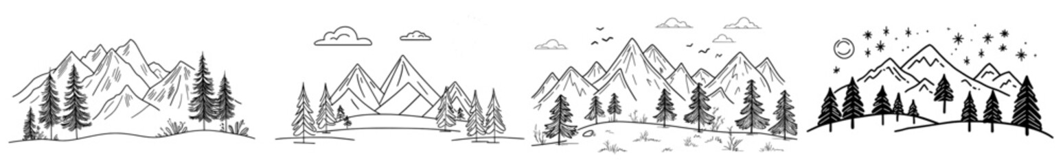 Obraz premium A simple, hand-drawn sketch of coniferous trees on a hill with the contour of the mountains on the horizon. For cards, stickers, prints, coloring.