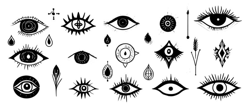A set of hand drawn doodle eyes isolated on white background with a variety of evil, ra, Turkish, Greek, and esoteric eye shapes.